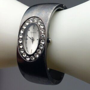 Geneva Womens Silver-Tone Hinged Open Cuff Bracelet Watch With Crystal Accents